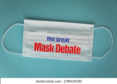 Mask On Blue Background The Great Mask Debate Text Copy Space