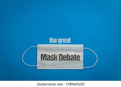 Mask On Blue Background The Great Mask Debate Gray Text Copy Space