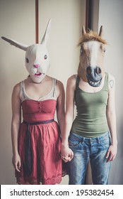 Mask Rabbit And Horse Mask Lesbian Couple At Home