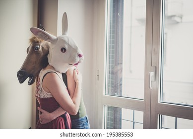 Mask Rabbit And Horse Mask Lesbian Couple At Home