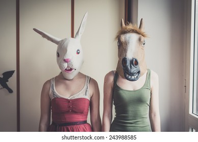 Mask Rabbit And Horse Mask Lesbian Couple At Home