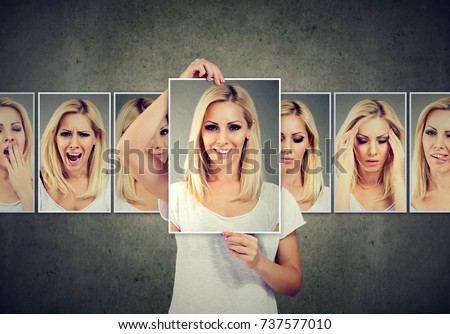 Masked blonde woman expressing different emotions