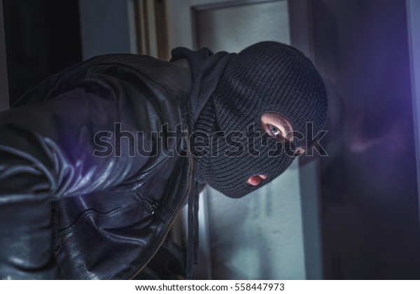 Masked Burglar Torch Crowbar Breaking Entering Stock Photo 558447973 ...