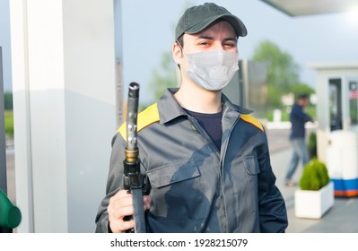 Masked Fuel Gas Worker, Covid Coronavirus Work Concept