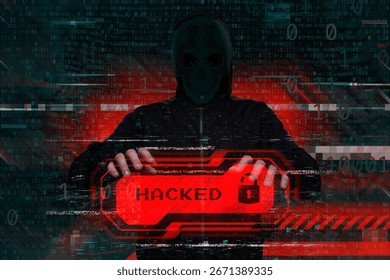 Masked hacker behind a computer with a red warning Hacked. Concept of cybersecurity threat, attacks on data and online systems
