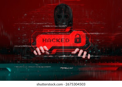 Masked hacker behind a computer with a red warning Hacked. Concept of cybersecurity threat, attacks on data and online systems