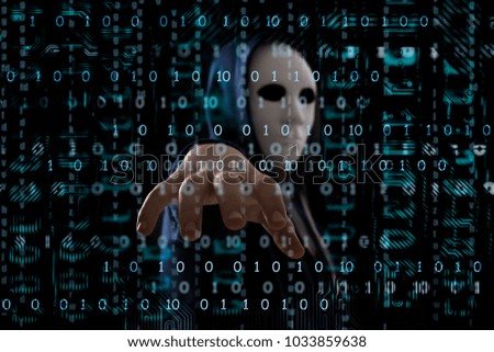Masked Hacker.The concept of a sudden attack, cryptography, data security.