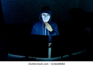 Masked Hacker Under Hood Using Computer Stock Photo 1146648083 ...