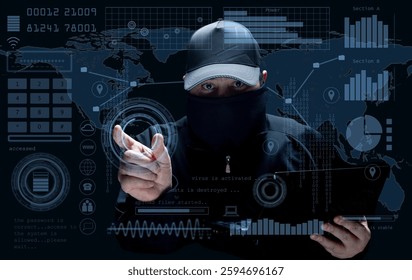 A masked hacker wearing a beanie operates a laptop,surrounded by a digital HUD interface with binary code, graphs, and a world map.The scene represents cybersecurity threats,hacking and data breaches.