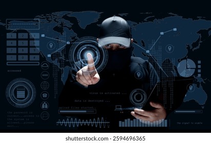 A masked hacker wearing a beanie operates a laptop,surrounded by a digital HUD interface with binary code, graphs, and a world map.The scene represents cybersecurity threats,hacking and data breaches.