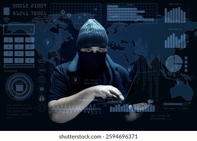 A masked hacker wearing a beanie operates a laptop,surrounded by a digital HUD interface with binary code, graphs, and a world map.The scene represents cybersecurity threats,hacking and data breaches.