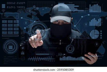 A masked hacker wearing a beanie operates a laptop,surrounded by a digital HUD interface with binary code, graphs, and a world map.The scene represents cybersecurity threats,hacking and data breaches.