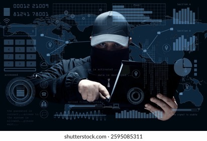 A masked hacker wearing a beanie operates a laptop,surrounded by a digital HUD interface with binary code, graphs, and a world map.The scene represents cybersecurity threats,hacking and data breaches.
