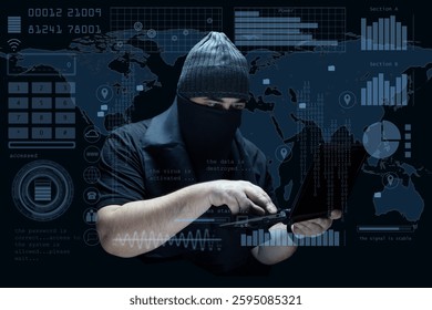 A masked hacker wearing a beanie operates a laptop,surrounded by a digital HUD interface with binary code, graphs, and a world map.The scene represents cybersecurity threats,hacking and data breaches.