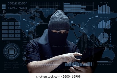 A masked hacker wearing a beanie operates a laptop,surrounded by a digital HUD interface with binary code, graphs, and a world map.The scene represents cybersecurity threats,hacking and data breaches.