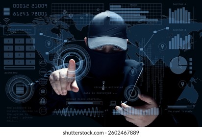 A masked hacker wearing a beanie operates a laptop,surrounded by a digital HUD interface with binary code, graphs, and a world map.The scene represents cybersecurity threats,hacking and data breaches.
