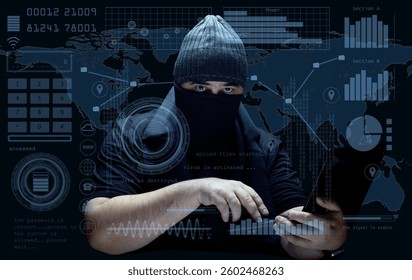 A masked hacker wearing a beanie operates a laptop,surrounded by a digital HUD interface with binary code, graphs, and a world map.The scene represents cybersecurity threats,hacking and data breaches.