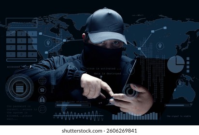 A masked hacker wearing a beanie operates a laptop,surrounded by a digital HUD interface with binary code, graphs, and a world map.The scene represents cybersecurity threats,hacking and data breaches.
