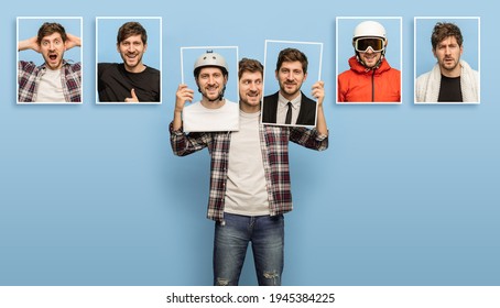 Masked. One young man showing portraits with different emotions, status, professions isolated on blue background. Collage. Happy, angry, pleased. Concept of facial expressions, mood. Copyspace for ad. - Shutterstock ID 1945384225