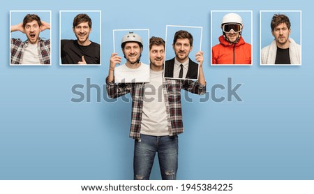 Masked. One young man showing portraits with different emotions, status, professions isolated on blue background. Collage. Happy, angry, pleased. Concept of facial expressions, mood. Copyspace for ad.