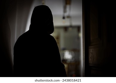Masked robber with flashlight torch checking apartment.