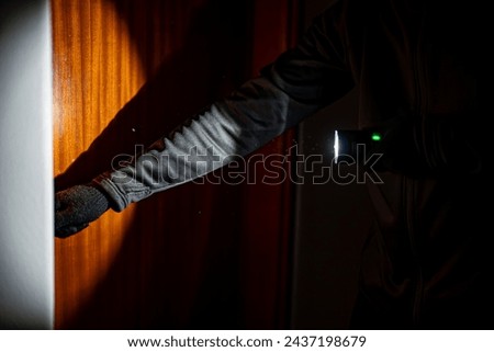 Masked robber with flashlight torch checking apartment.