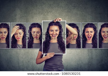 Masked young woman expressing different emotions 
