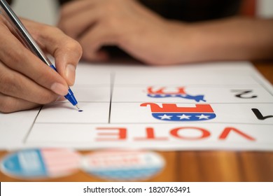 Maski, India 20, September 2020 : Close Up Of Hands Voting By Selecting The Political Party At Polling Booth - Concept Of Polling At US Election.