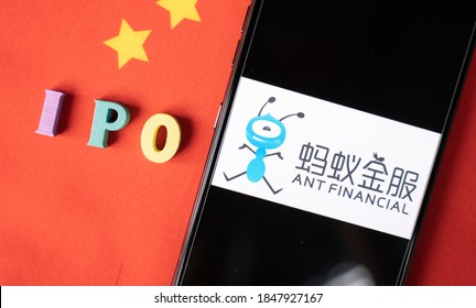 Maski, Karnataka/India - November 5, 2020 : IPO With ANT Financial Logo In Mobile On China Flag