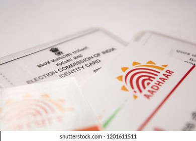 Maski,Karnataka/India - 10/13/2018: Aadhaar Card Which Is Issued By Government Of India As An Identity Card During Voting Times.