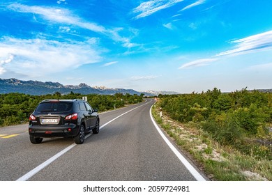 Maslenica, Croatia - July 27, 2021: Nissan Qashqai On The Road At The Island Of Maslenica, Croatia.