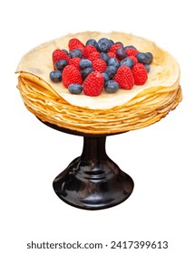 Maslenitsa traditional Russian festival meal. Stack of traditional crepes with fresh berries. Isolated on white background, png, close up