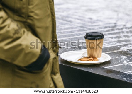 Maslenitsa  - winter pancakes week in Russia. Street food pancakes and coffee to go