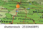 Mason City, Iowa marked by an orange map tack. Mason City is the county seat of Cerro Gordo County, IA.