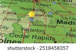 Mason City, Iowa marked by a yellow map tack. Mason City is the county seat of Cerro Gordo County, IA.