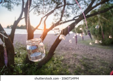 Mason Jar Candle Hanging On Tree For Wedding Decor