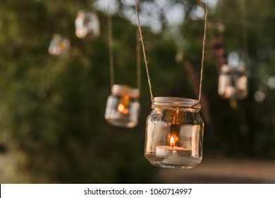 Mason Jar Candle Hanging On Tree For Wedding Decor