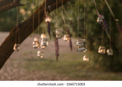 Mason Jar Candle Hanging On Tree For Wedding Decor