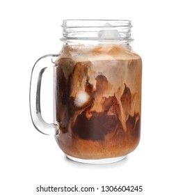 Mason Jar Of Cold Coffee On White Background