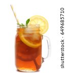 Mason jar glass of iced tea with straw isolated on a white background