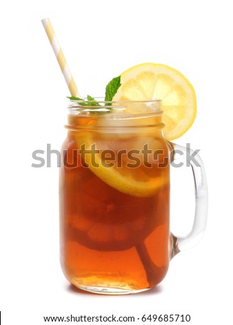Mason jar glass of iced tea with straw isolated on a white background