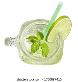 Mason jar glass of lemonade with green lemon slice and mint leaf, honey isolated on a white background, summer drink, fresh, beverage, homemade, cool, fruit juice