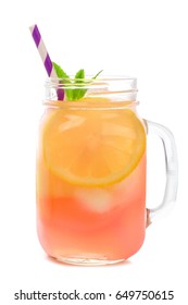 Mason Jar Glass Of Pink Lemonade With Straw Isolated On A White Background