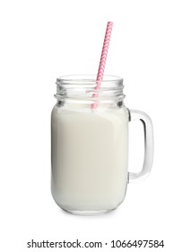 Mason Jar With Milk On White Background