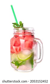 Mason Jar Of Tasty Cold Watermelon Lemonade On White Background