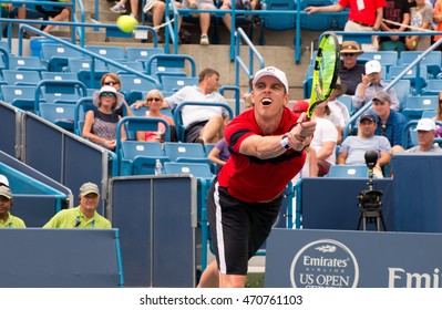 Mason, Ohio - August 15, 2016: Sam Querrey  In A First Round Match At The Western And Southern Open In Mason, Ohio, On August 15, 2016. 