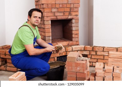 Masonry Worker Building Rustic Traditional Fireplace