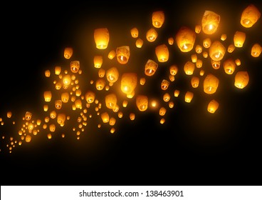 Mass group of flying wishes (chinese lanterns)