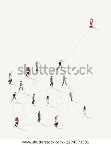 Mass media manipulation. Aerial view on crowd of different people connected with online lines over white background. Concept of human cooperation, online technologies, modern lifestyle, internet