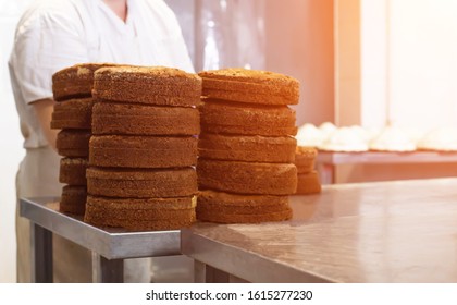 Mass Production Of Cakes And Sweets At The Confectionery Factory. Chefs Make Cakes Of Fresh Berries And Biscuit, Food Industry, Copy Space